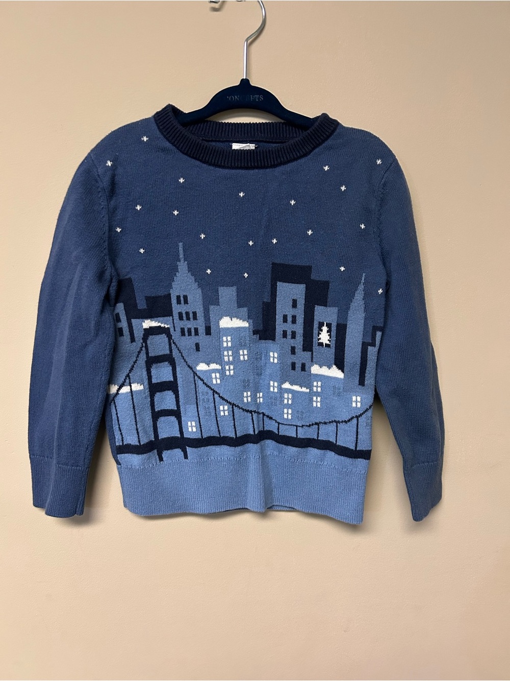 Toddler Cityscape Blue Knit Sweater with Bridge Motif